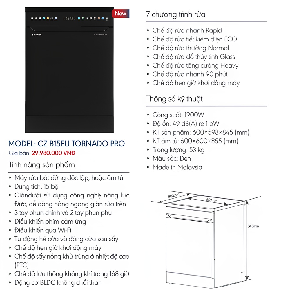 Máy Rửa Bát Canzy CZ B15EU Tornado Pro