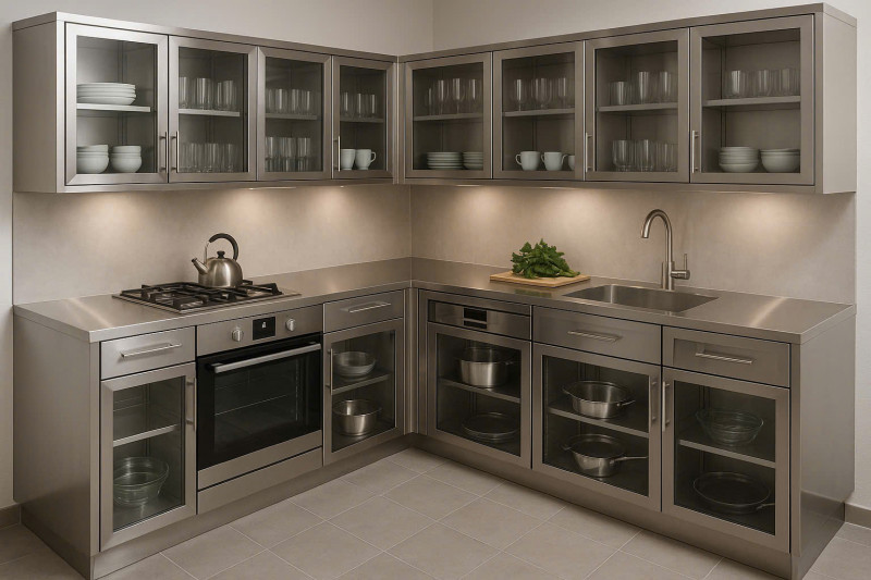Tủ bếp inox cánh kính dạng công nghiệp tại Thanh Hóa