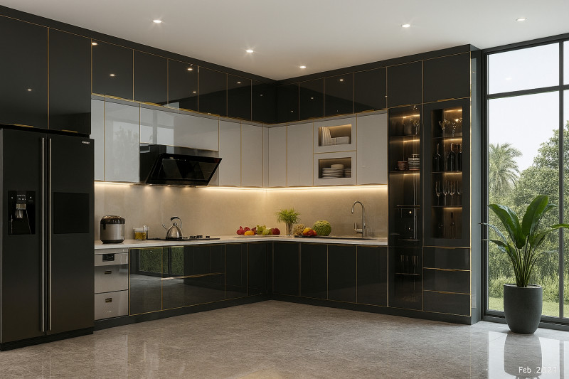 Tủ bếp inox cánh kính chữ L tại Thanh Hóa