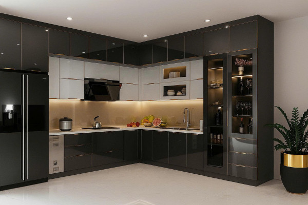 Tủ bếp inox cánh kính chữ L tại Thanh Hóa