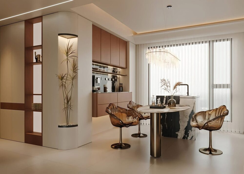 Không gian bếp hiện đại kết hợp bàn ăn