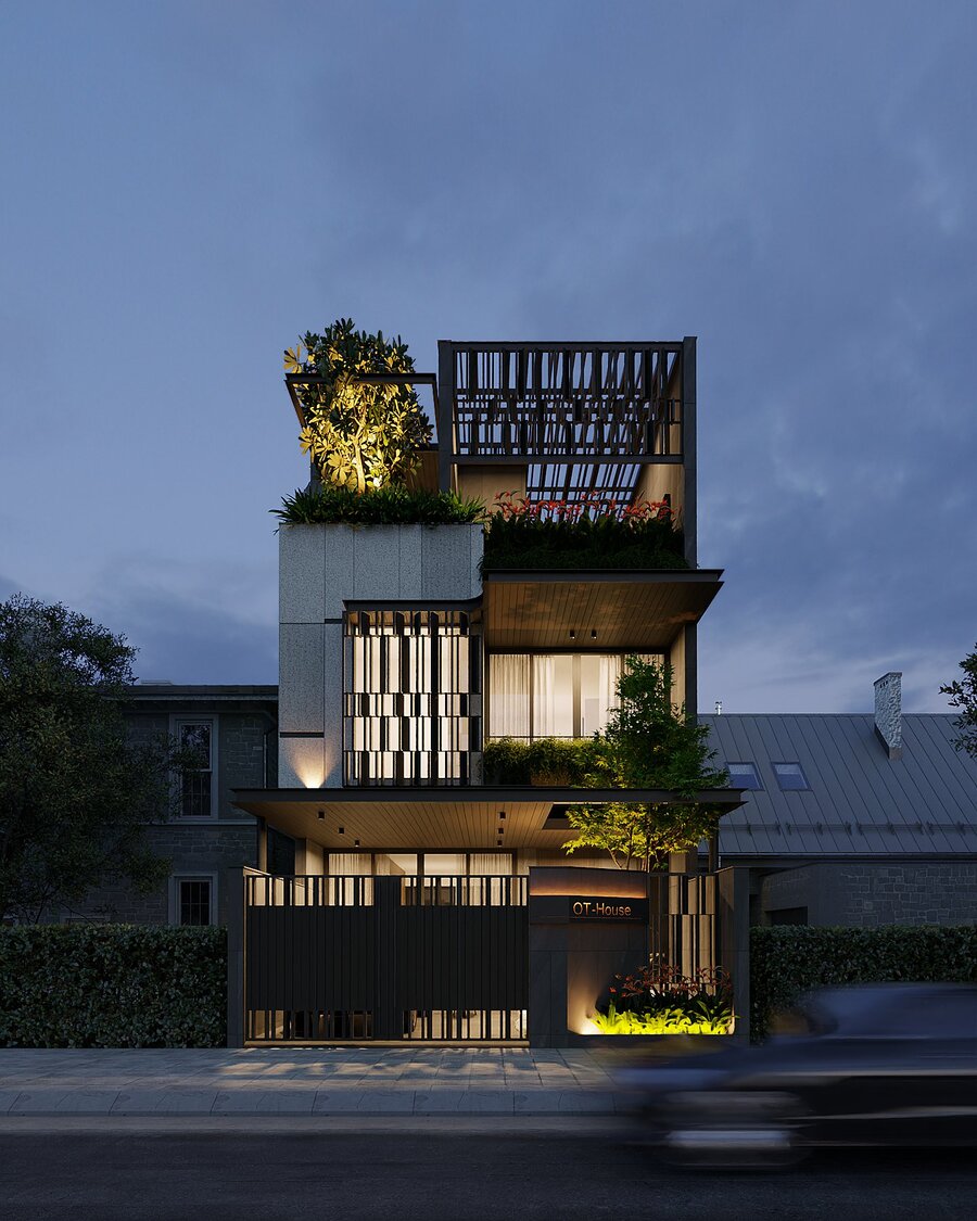 Mặt tiền nhà phố của anh Thái phối cảnh tối