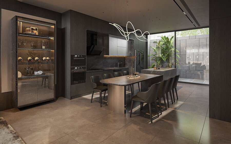 Bàn ăn liền kề khu bếp nhà anh Thái