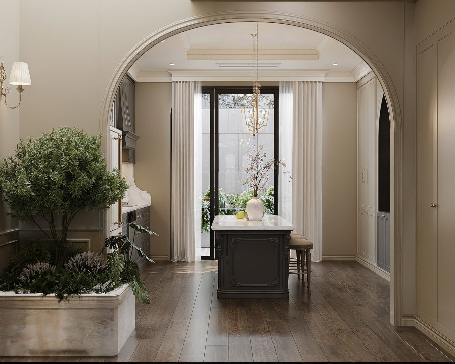 Bên ngoài nhìn vào bếp nhà c Thương