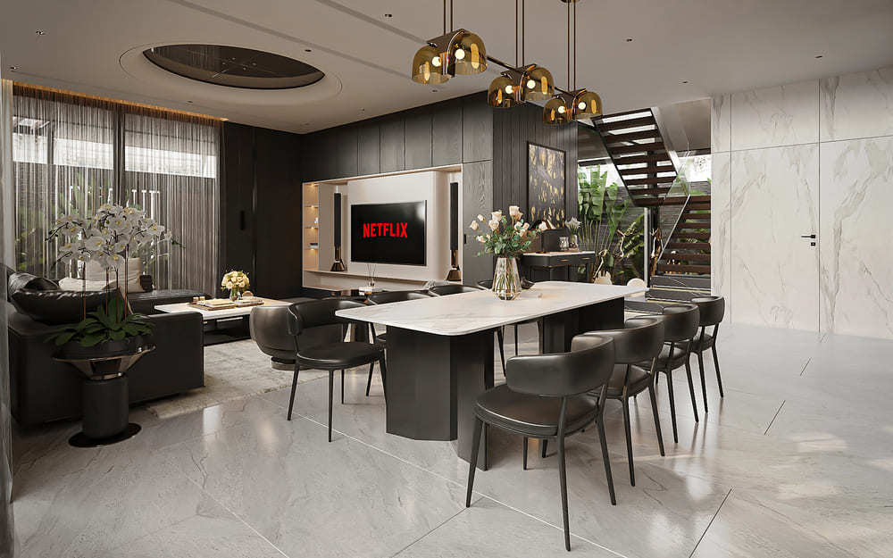 Góc nhìn từ bàn ăn ra phòng khách