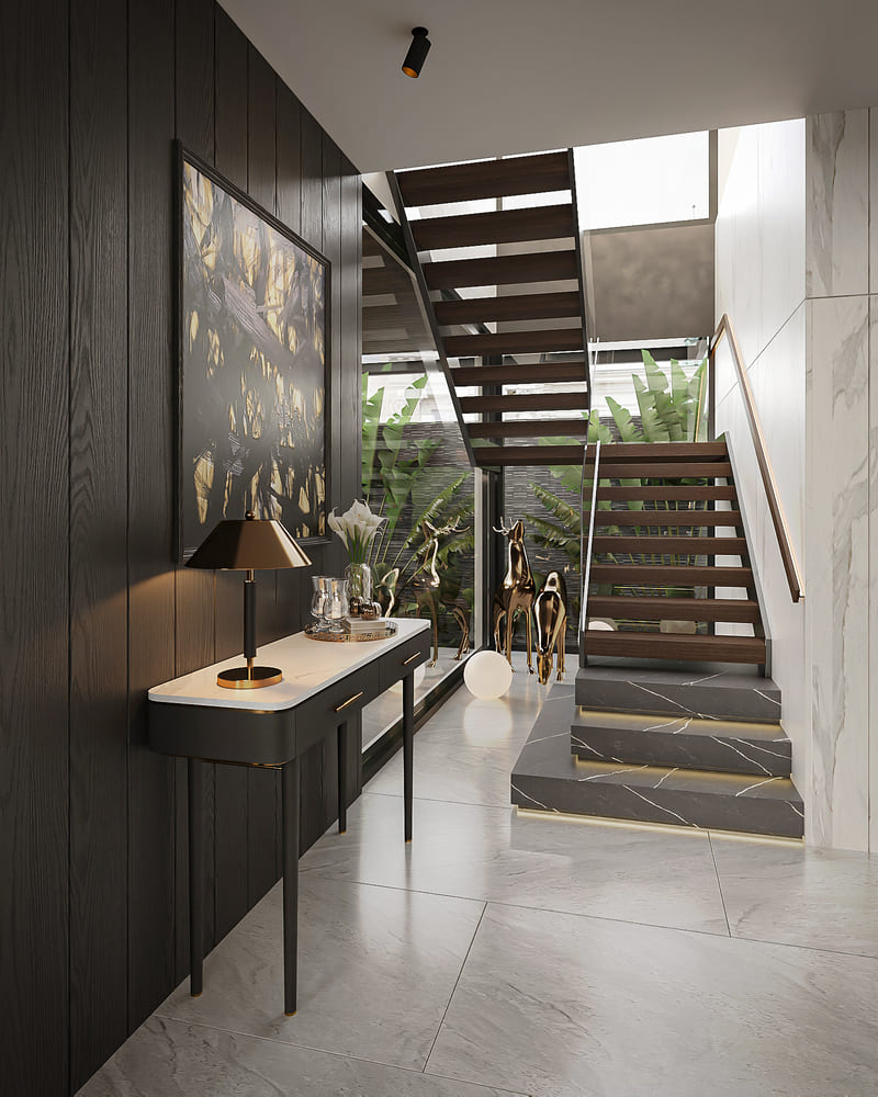 Khu vực cầu thang tại biệt thự nhà anh Đức