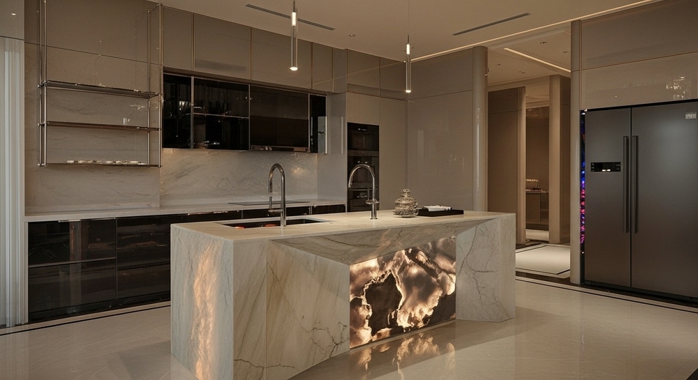 Khu bếp có bàn đảo tại biệt thự