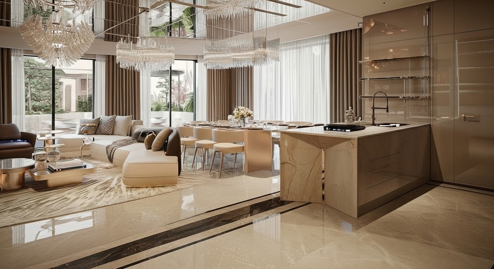 Không gian phòng khách kết nối bếp và bàn ăn