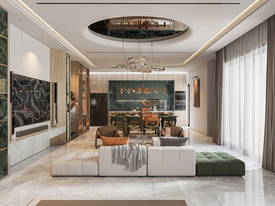 Phòng khách kết nối khu bếp tại biệt thự